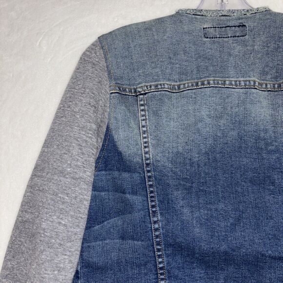 John Eshaya JET Blue Denim Gray Knit Sleeve Jean Jacket Women's Size M/L - Picture 9 of 15